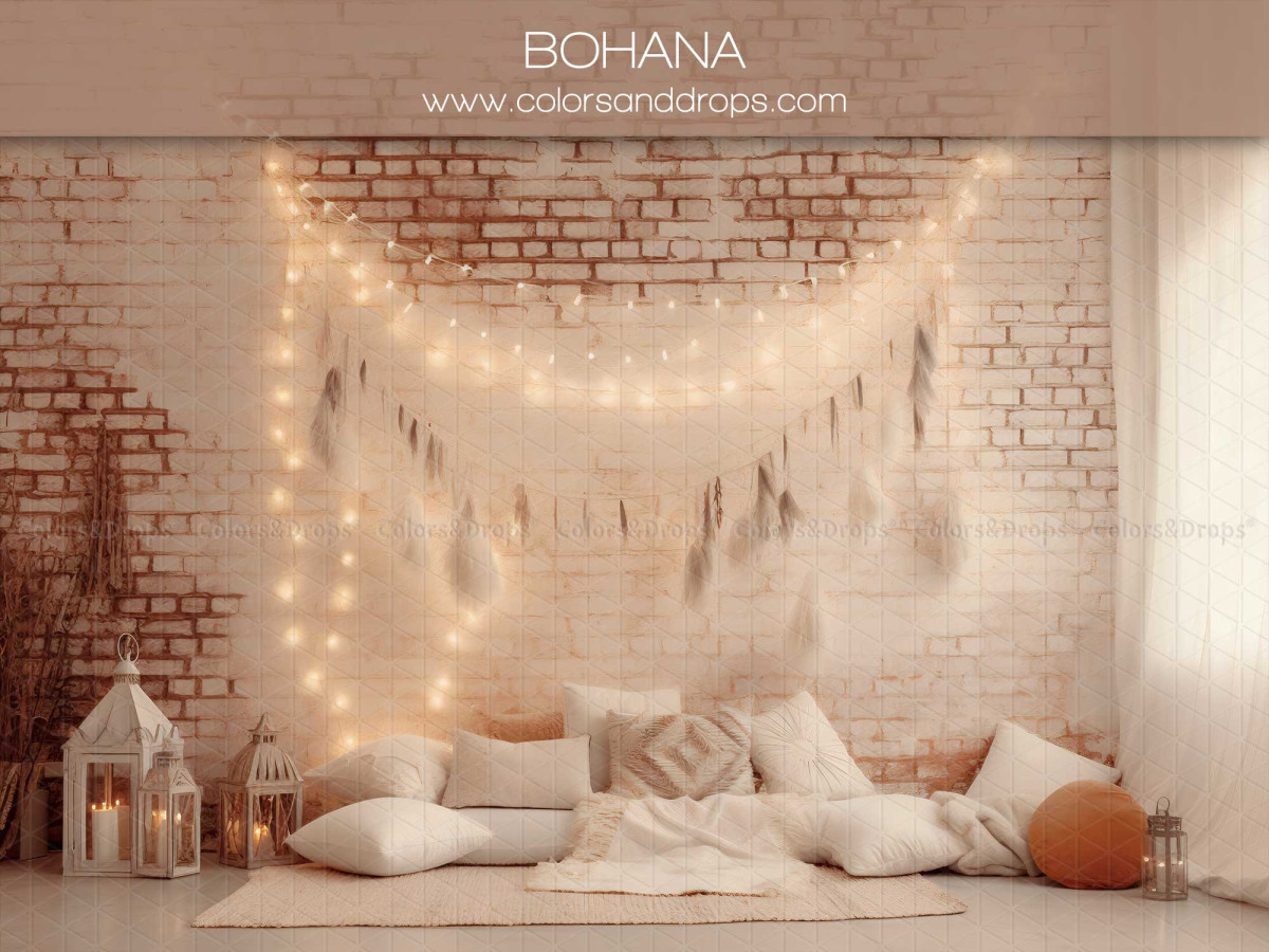 Mother's & Father's Day photo backdrop Bohana – white brick wall with string lights and cushions | Colors&Drops