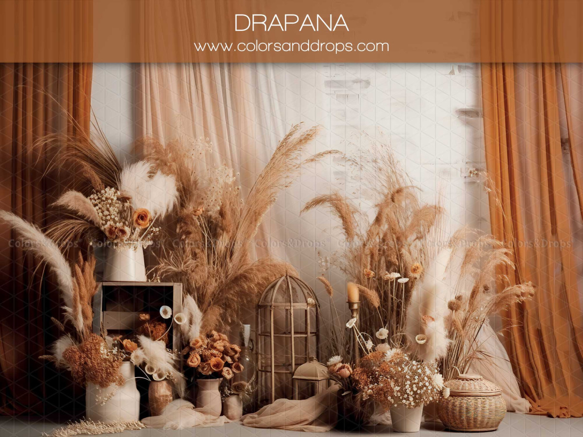 Mother's & Father's Day photo backdrop Drapana – boho set with ochre curtains, pampas grass and birdcage | Colors&Drops