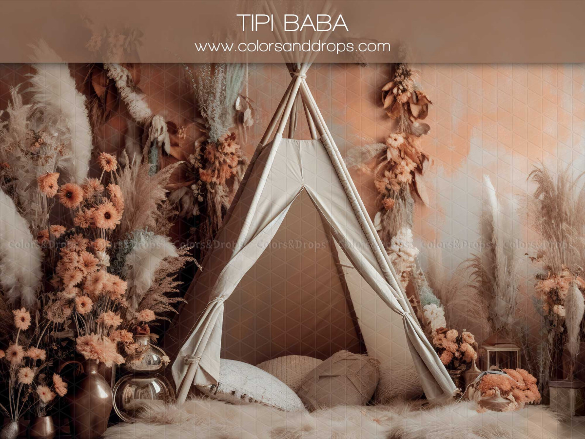 Fondo fotográfico para el Día de la Madre y del Padre Tipi Baba – tipi blanco con pampa y flores secas naranjas | Colors&Drops