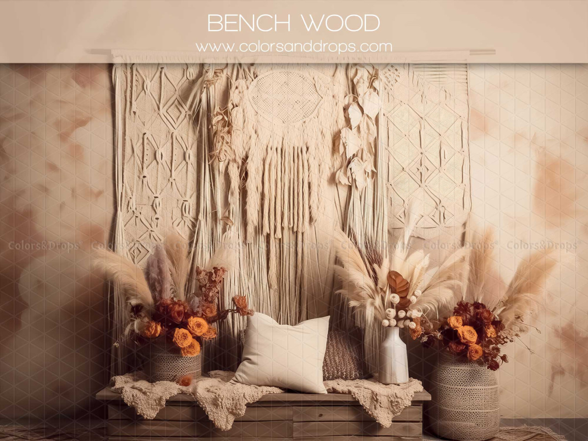 Mother's & Father's Day photo backdrop Bench Wood – wooden bench with macramé, pampas grass and orange flowers | Colors&Drops