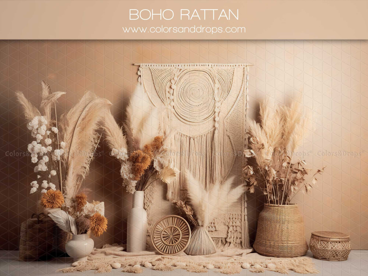 Mother's & Father's Day photo backdrop Boho Rattan – macramé wall hanging with pampas grass, vases and baskets | Colors&Drops