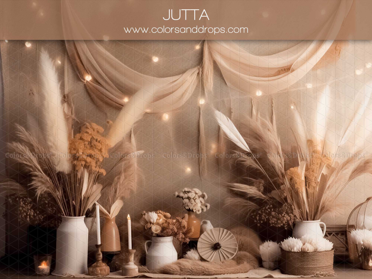 Fond photo fête des mères et des pères Jutta – voilages et guirlande lumineuse avec pampa et bougies | Colors&Drops