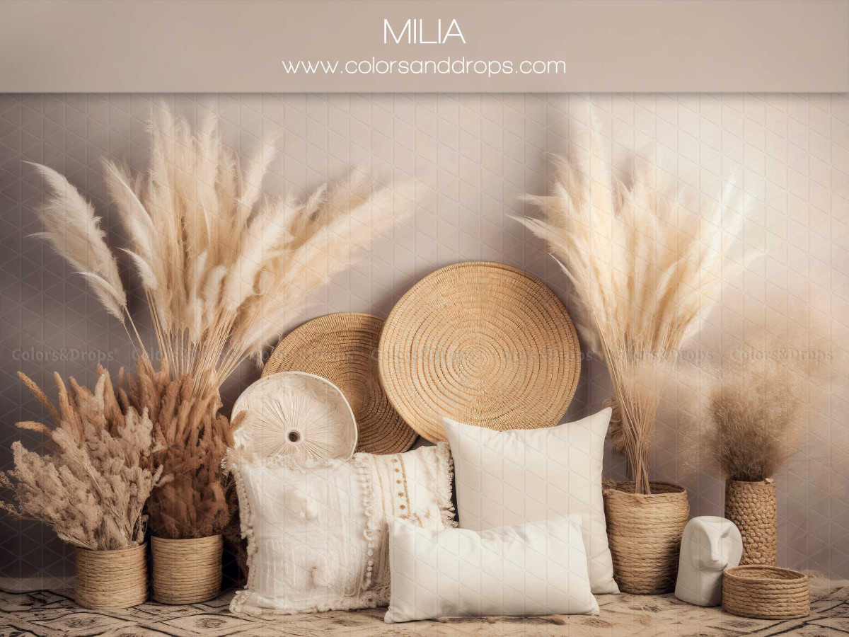 Mother's & Father's Day photo backdrop Milia – boho set with pampas grass, woven trays and white cushions | Colors&Drops