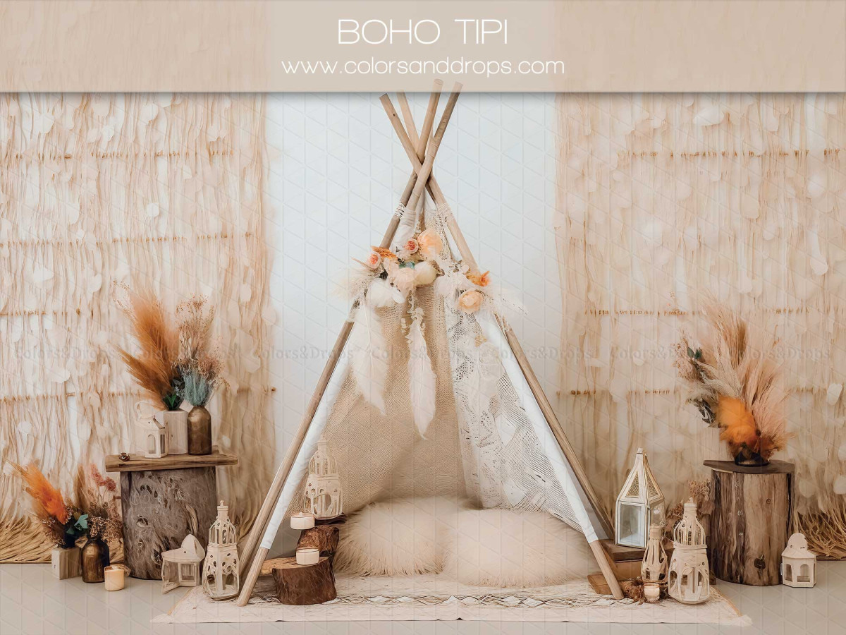 Mother's & Father's Day photo backdrop Boho Tipi – white teepee between macramé hangings with lanterns | Colors&Drops