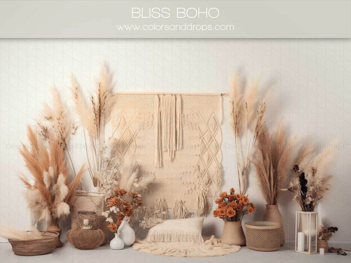 Mother's & Father's Day photo backdrop Bliss Boho – macramé hanging with pampas grass and orange dried flowers | Colors&Drops