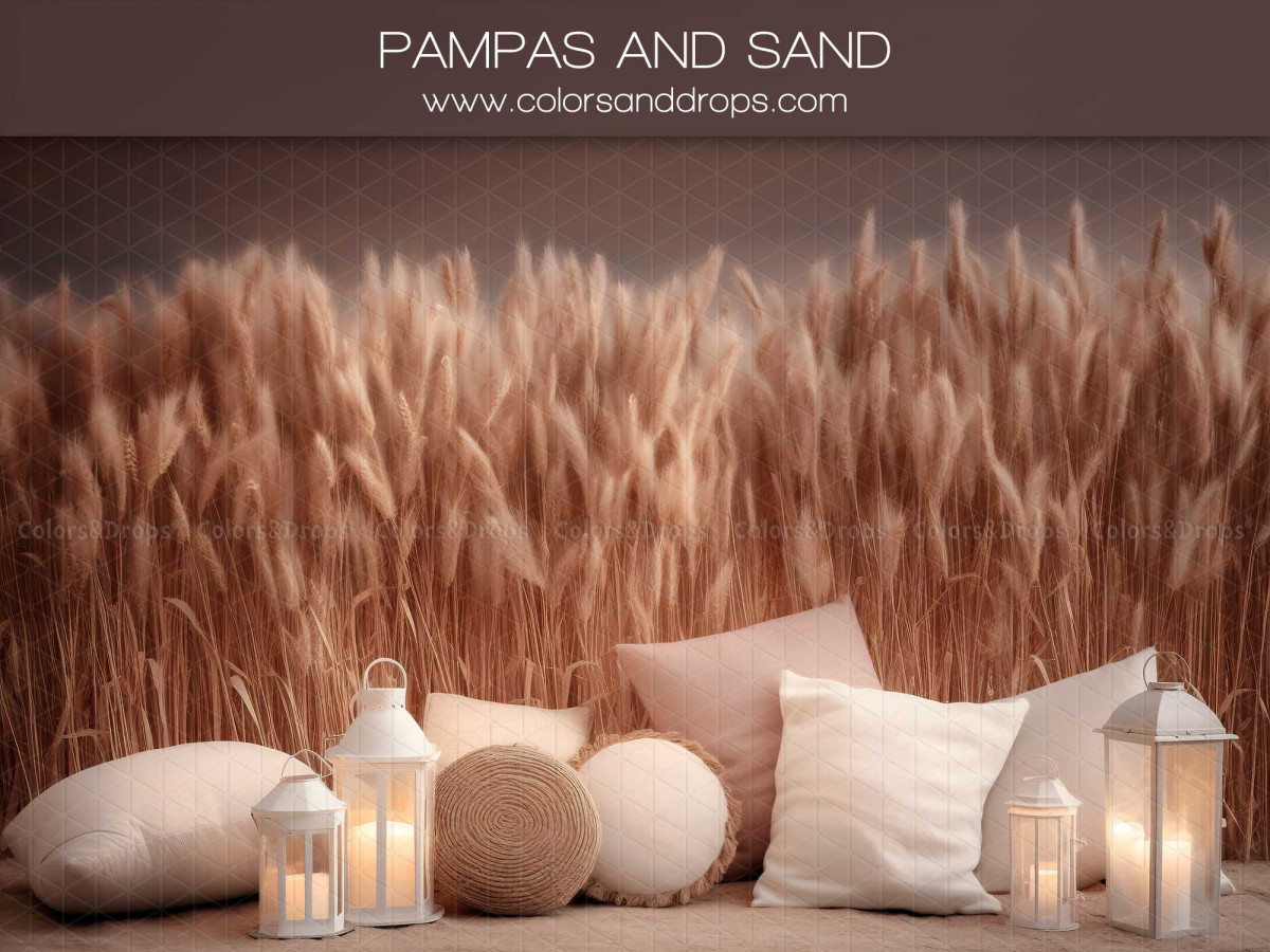 Mother's & Father's Day photo backdrop Pampas and Sand – pampas grass field with cushions and lanterns | Colors&Drops