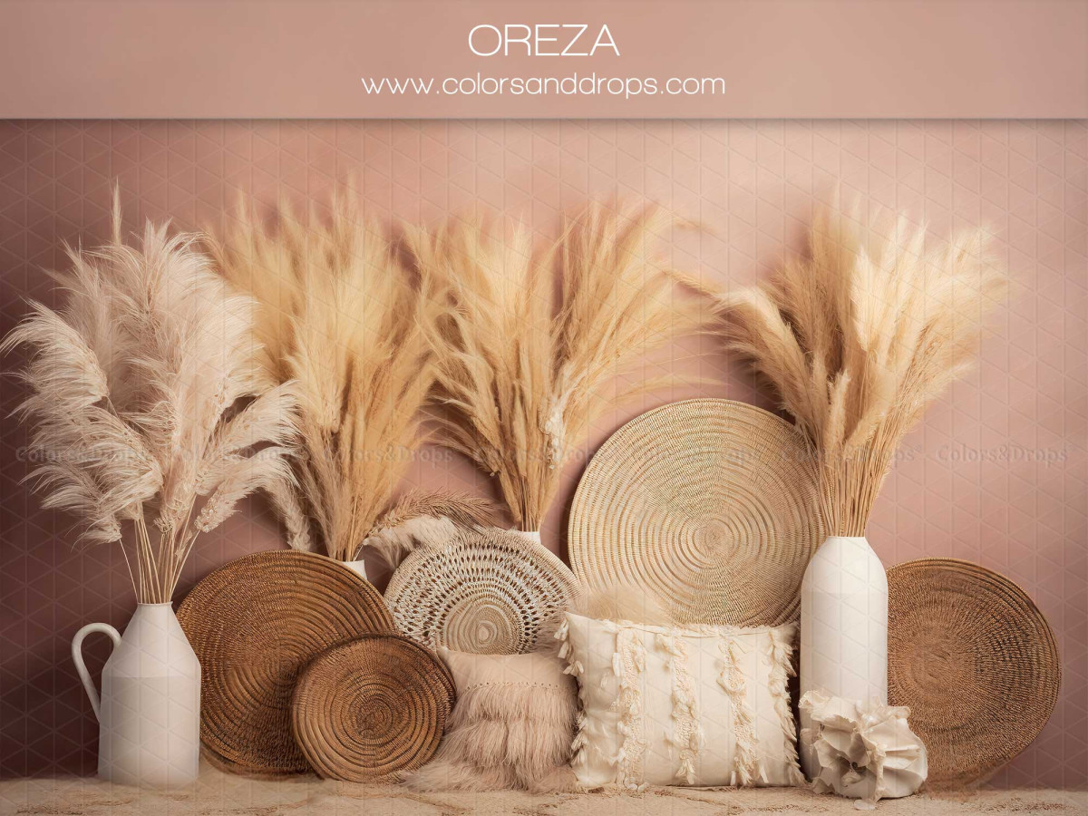 Mother's & Father's Day photo backdrop Oreza – pink boho set with pampas grass and wickerwork | Colors&Drops