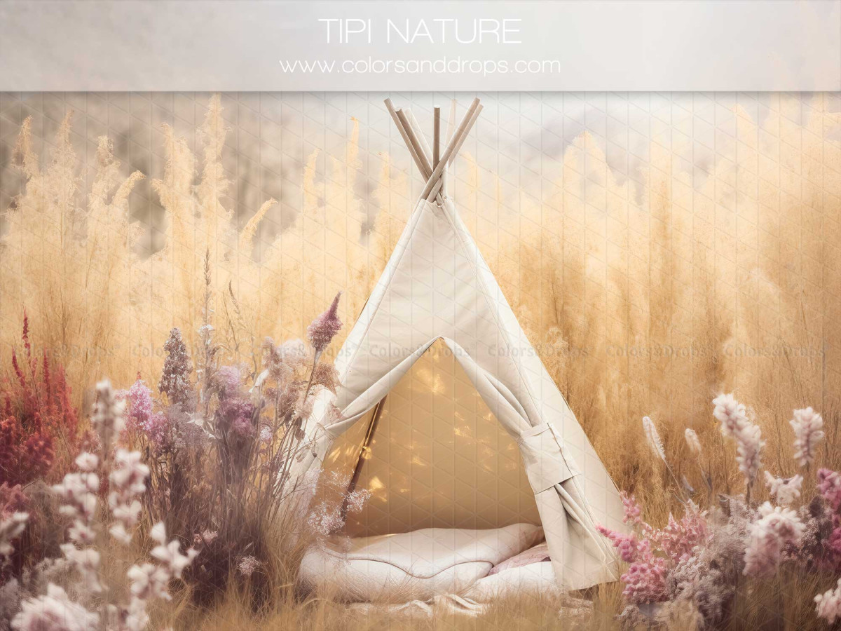 Mother's & Father's Day photo backdrop Tipi Nature – white teepee in a field of grasses and wildflowers | Colors&Drops