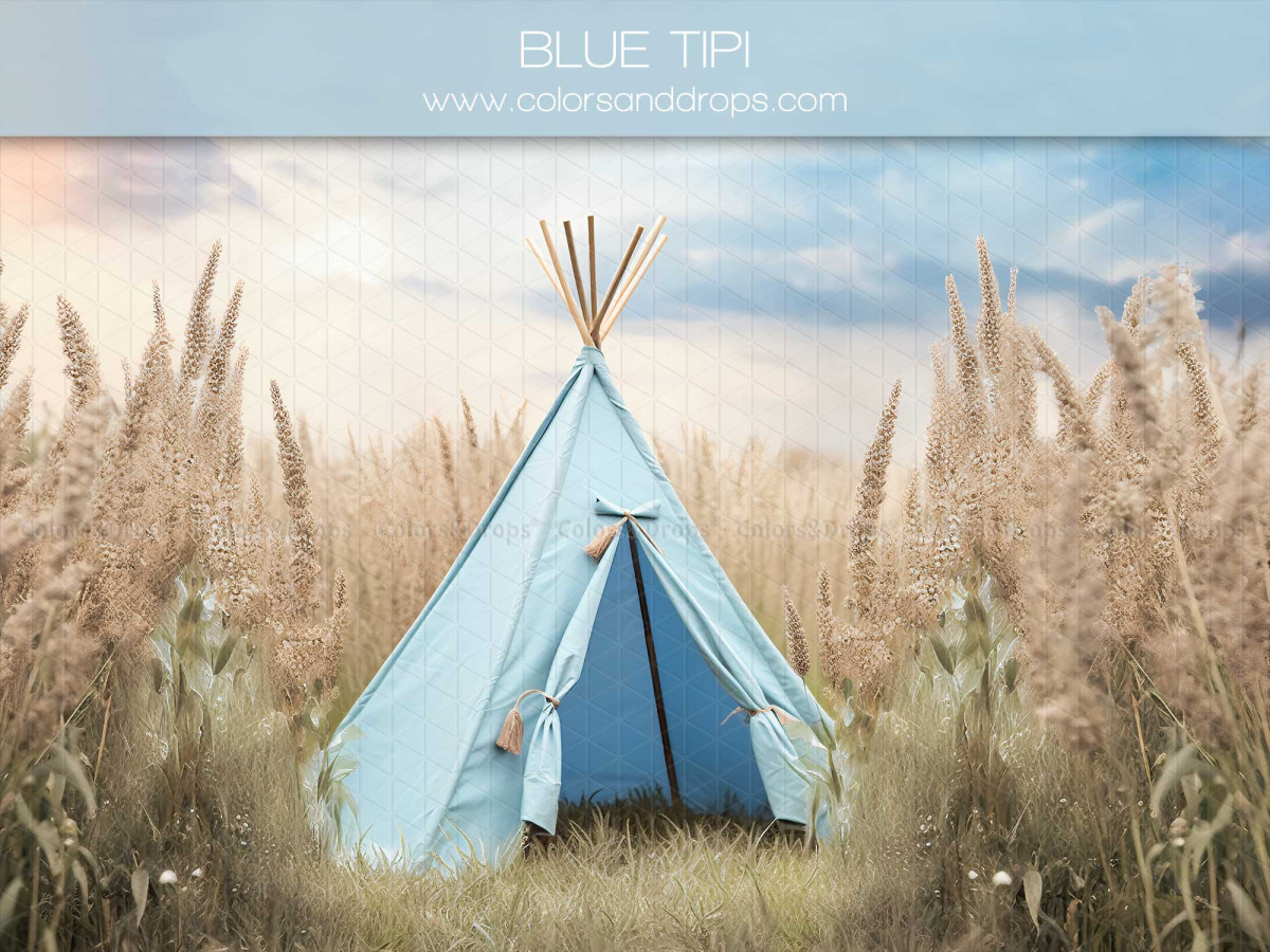 Summer photo backdrop Blue Tipi – blue teepee in a field of tall grasses | Colors&Drops