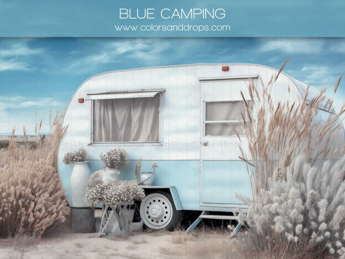 Mother's & Father's Day photo backdrop Blue Camping – blue vintage caravan with dry grasses | Colors&Drops