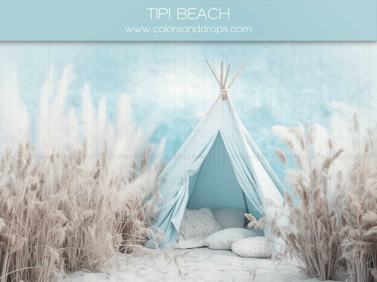 Mother's & Father's Day photo backdrop Tipi Beach – light blue teepee on the beach with pampas grass | Colors&Drops