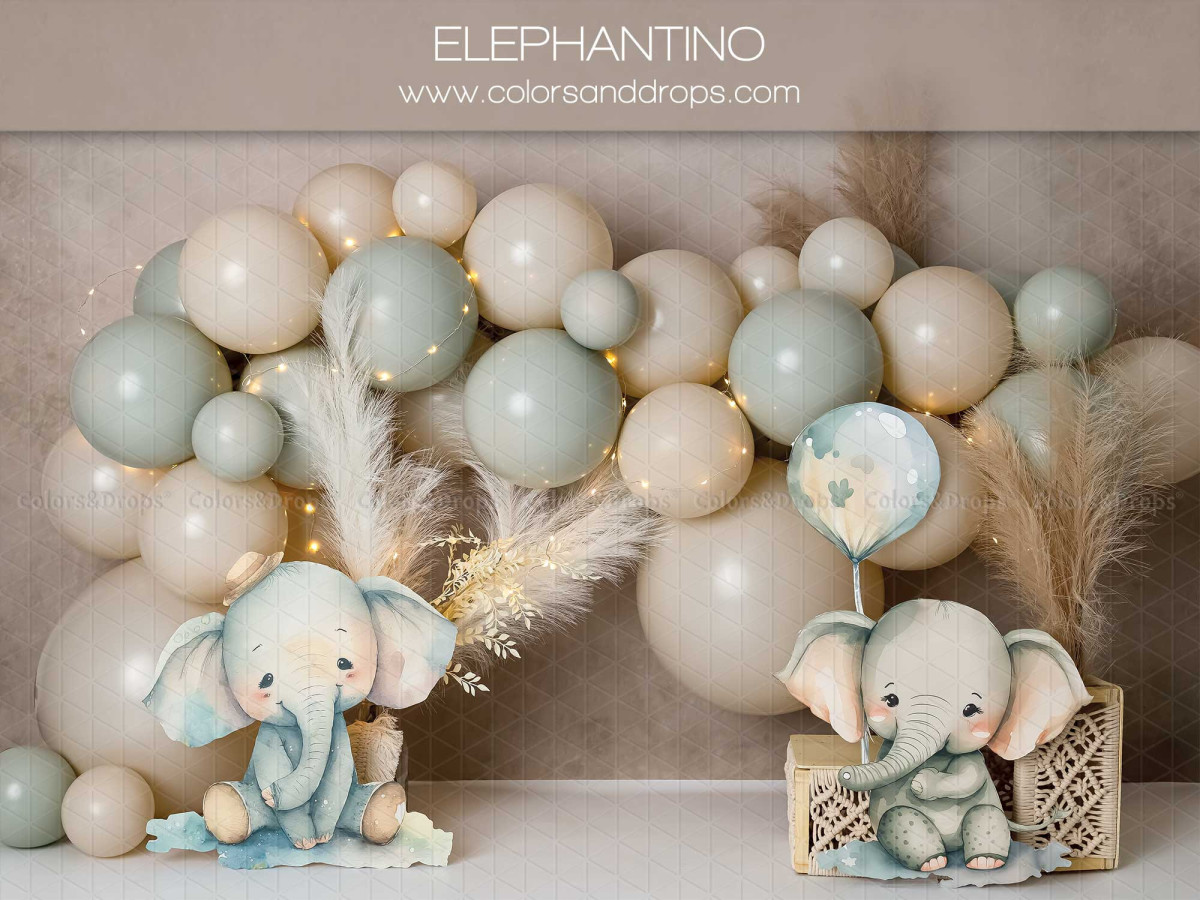 Baby & cake smash photo backdrop Elephantino – sage and beige balloon arch with plush elephants | Colors&Drops