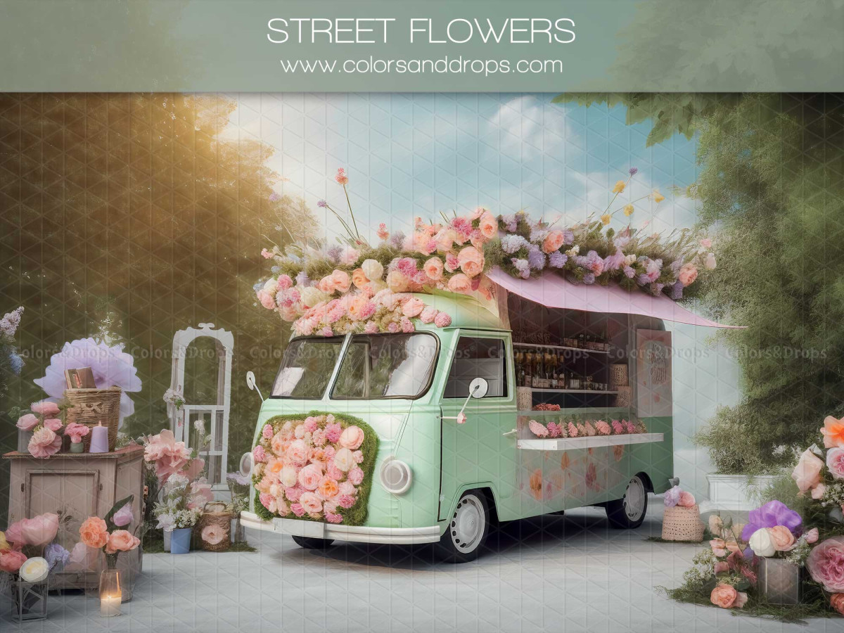 Spring photo backdrop Street Flowers – green vintage van loaded with flowers | Colors&Drops