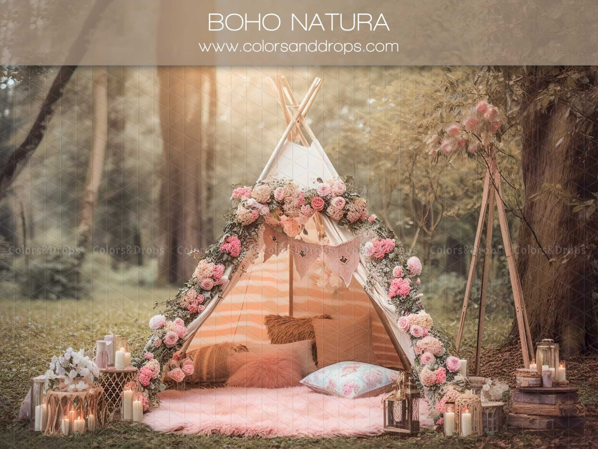Spring photo backdrop Boho Natura – flowered teepee in the forest with cushions and candles | Colors&Drops