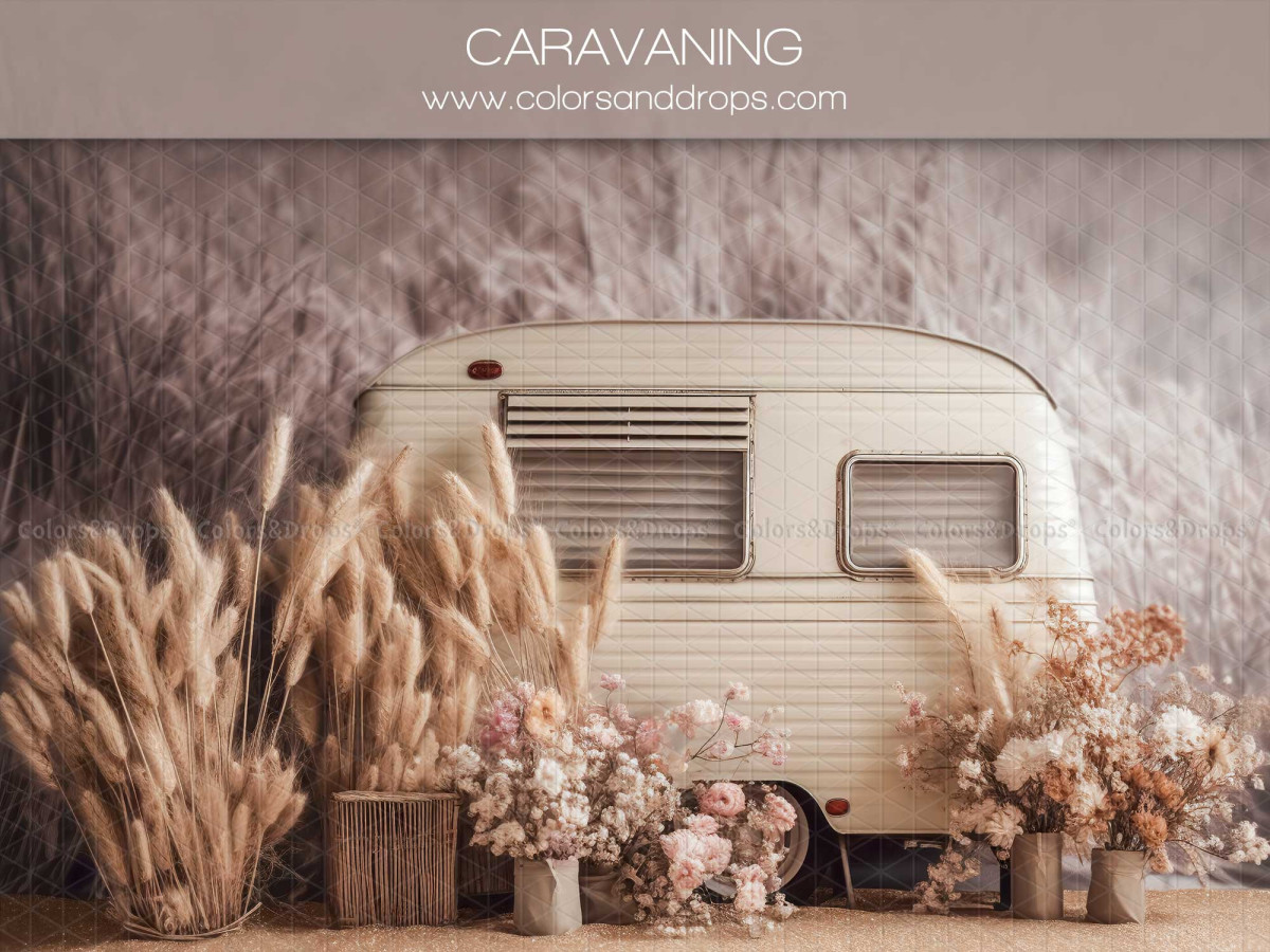 Mother's & Father's Day photo backdrop Caravaning – cream vintage caravan with pampas grass and dried flowers | Colors&Drops