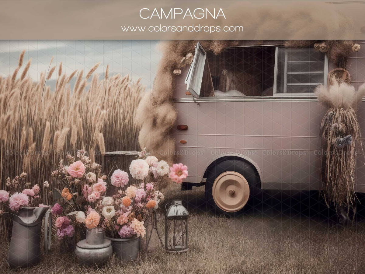 Mother's & Father's Day photo backdrop Campagna – pink vintage van with flowers and wheat | Colors&Drops