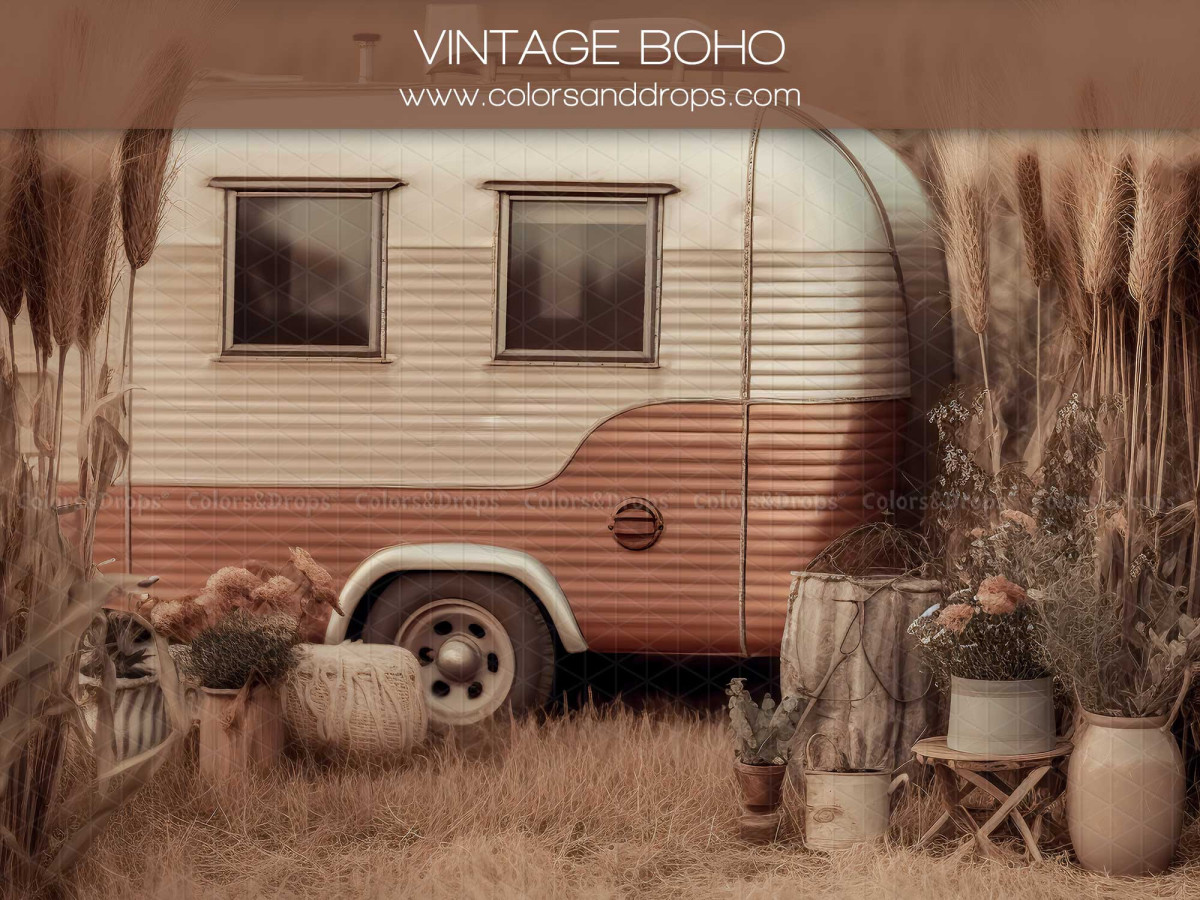 Mother's & Father's Day photo backdrop Vintage Boho – pink and cream vintage caravan with pampas grass | Colors&Drops