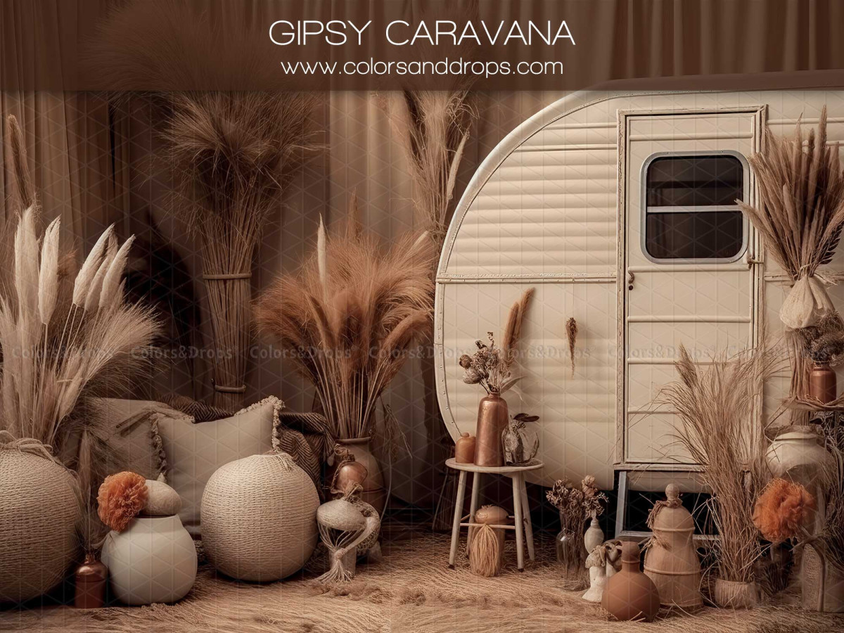 Mother's & Father's Day photo backdrop Gipsy Caravana – white vintage caravan with pampas grass, poufs and vases | Colors&Drops