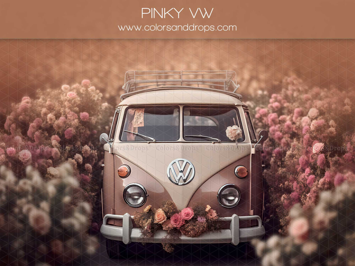 Mother's & Father's Day photo backdrop Pinky Vw – pink vintage camper van among pink flowers | Colors&Drops