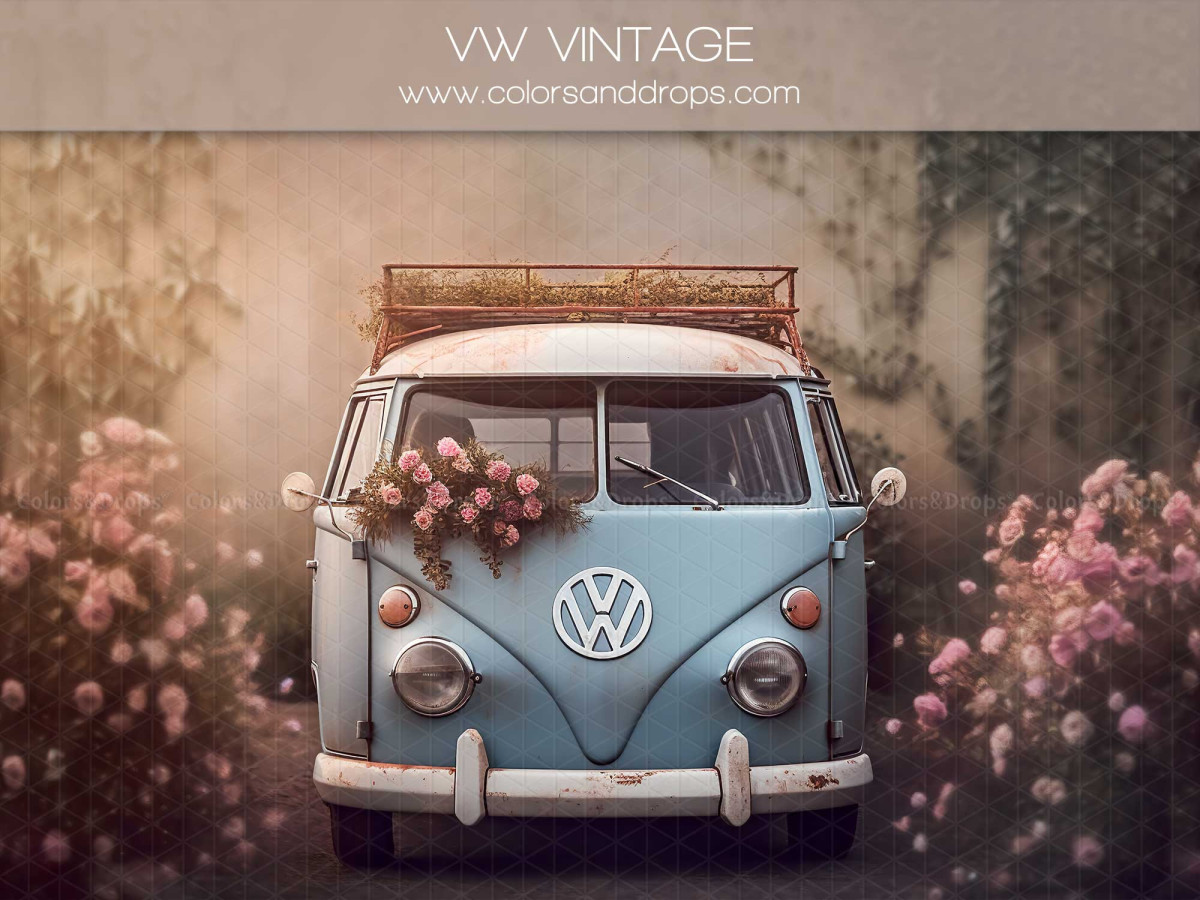 Mother's & Father's Day photo backdrop Vw Vintage – blue vintage camper van with bouquet and pink flowers | Colors&Drops