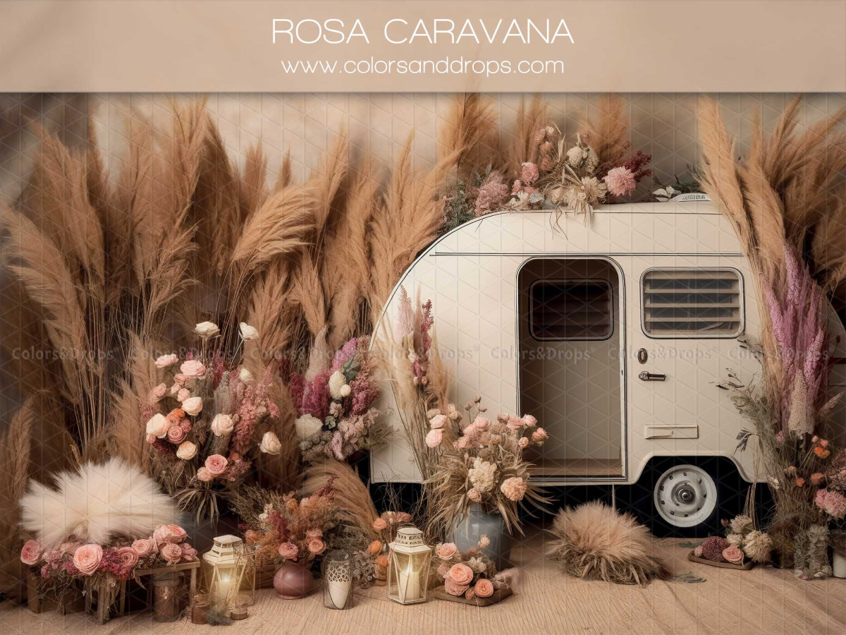 Fond photo fête des mères et des pères Rosa Caravana – caravane vintage blanche avec pampa et fleurs roses | Colors&Drops