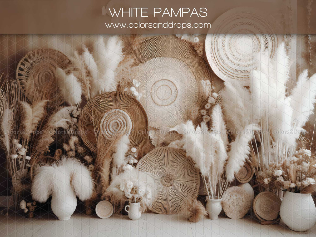 Fond photo fête des mères et des pères White Pampas – décor bohème blanc avec pampa et plateaux tressés | Colors&Drops