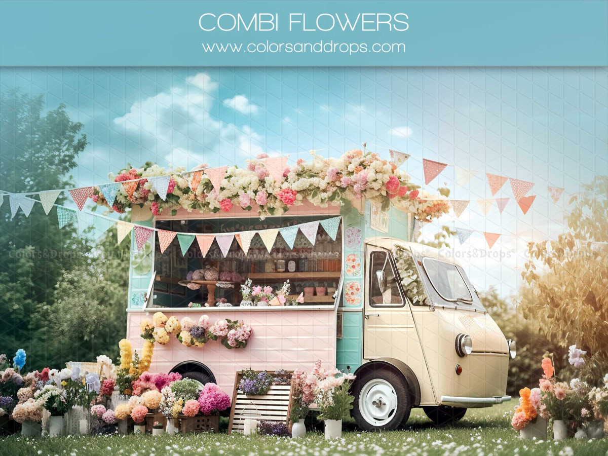 Spring photo backdrop Combi Flowers – flowered van with bunting in a meadow | Colors&Drops