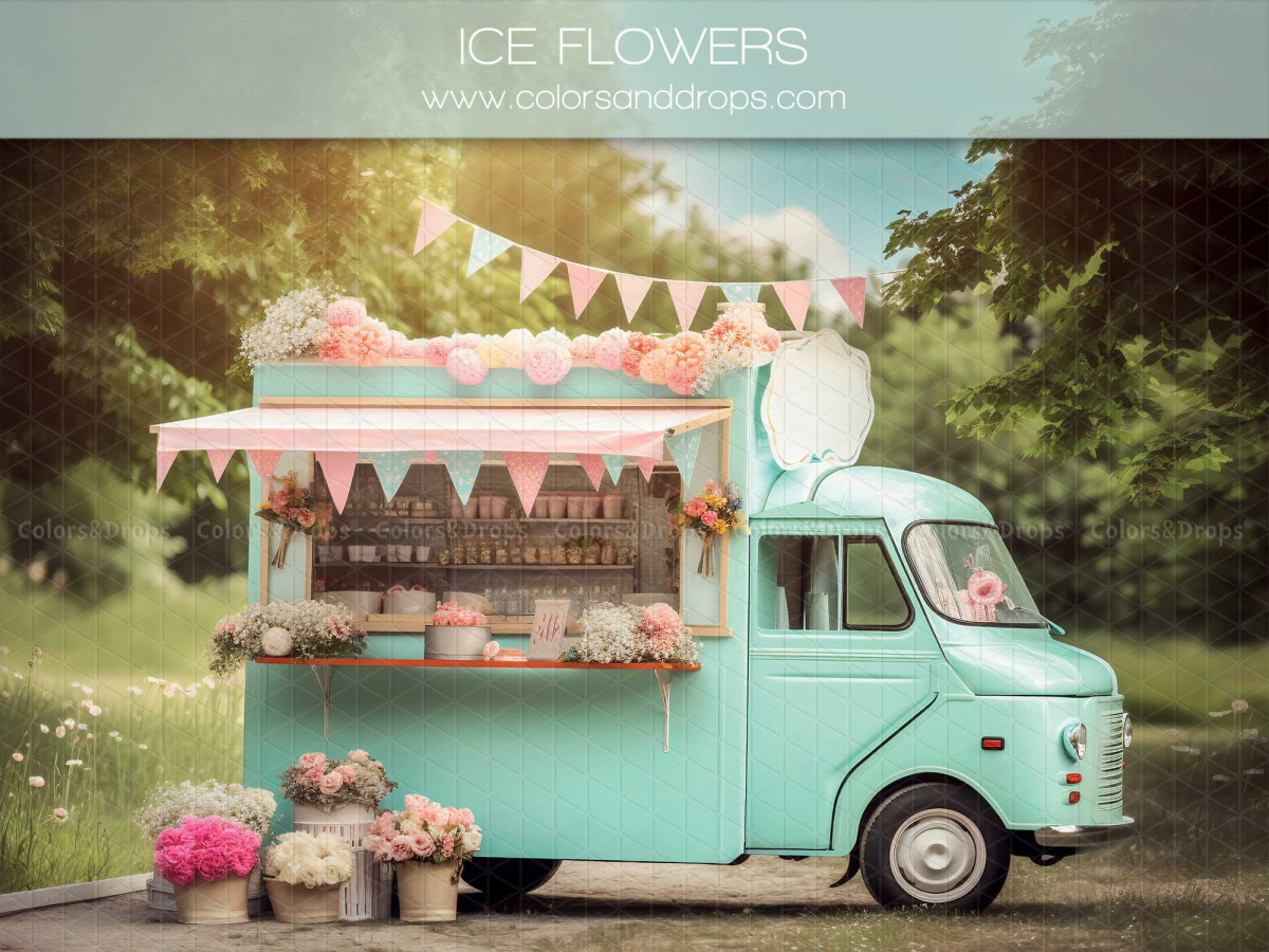 Spring photo backdrop Ice Flowers – turquoise ice cream truck with bunting and flowers | Colors&Drops
