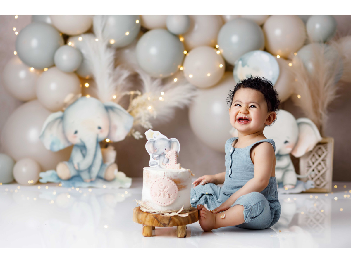 Baby & cake smash photo backdrop Elephantino – sage and beige balloon arch with plush elephants | Colors&Drops