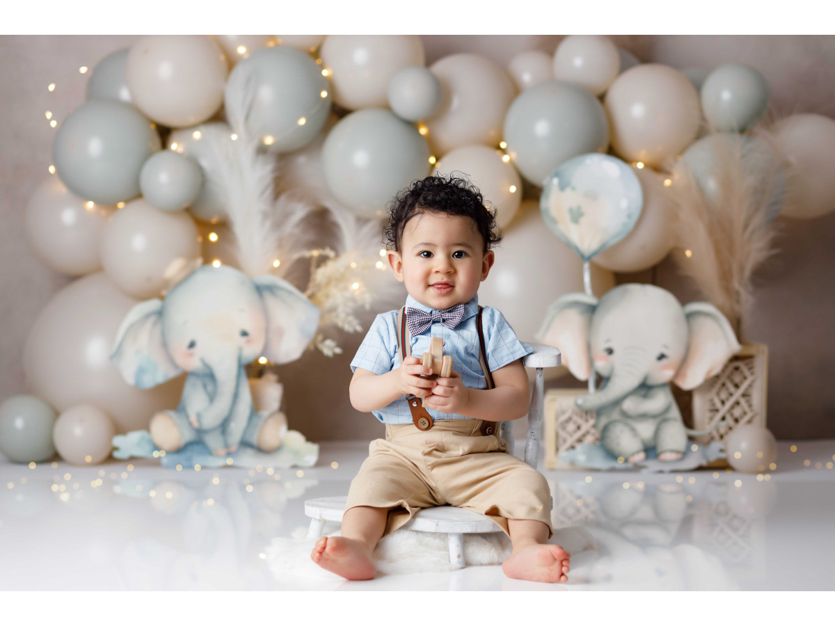 Baby & cake smash photo backdrop Elephantino – sage and beige balloon arch with plush elephants | Colors&Drops