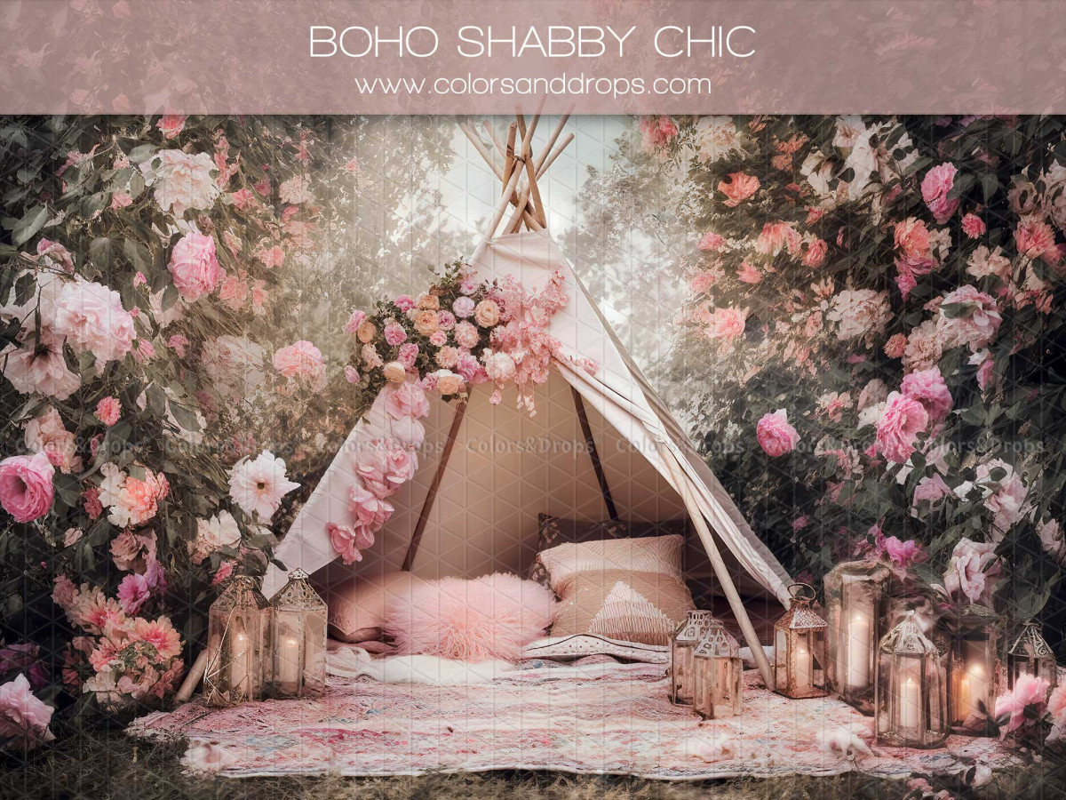 Fondo fotográfico de primavera Boho Shabby Chic – tipi blanco rodeado de rosas con velas | Colors&Drops