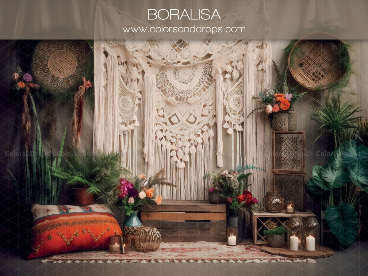 Mother's & Father's Day photo backdrop Boralisa – boho macramé hanging with bench and plants | Colors&Drops