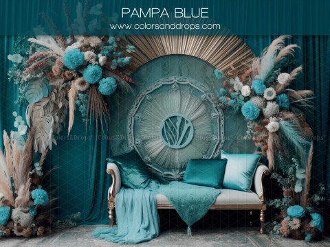 Mother's & Father's Day photo backdrop Pampa Blue – teal bench with pampas grass and turquoise flowers | Colors&Drops