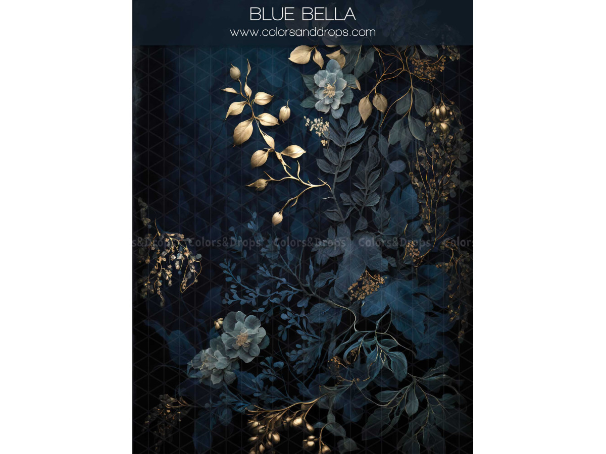 Maternity & portrait photo backdrop Blue Bella – dark navy floral backdrop with golden leaves | Colors&Drops