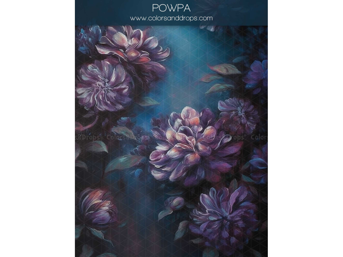 Maternity & portrait photo backdrop Powpa – dark floral backdrop with purple peonies on blue | Colors&Drops