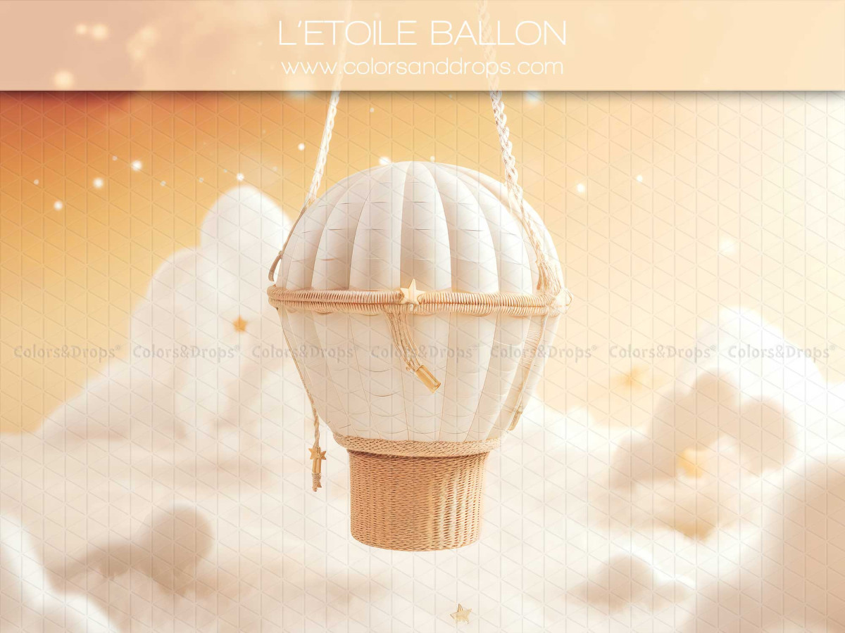 Fond photo bébé et smash cake L'Etoile Ballon – montgolfière blanche dans les nuages au coucher du soleil | Colors&Drops