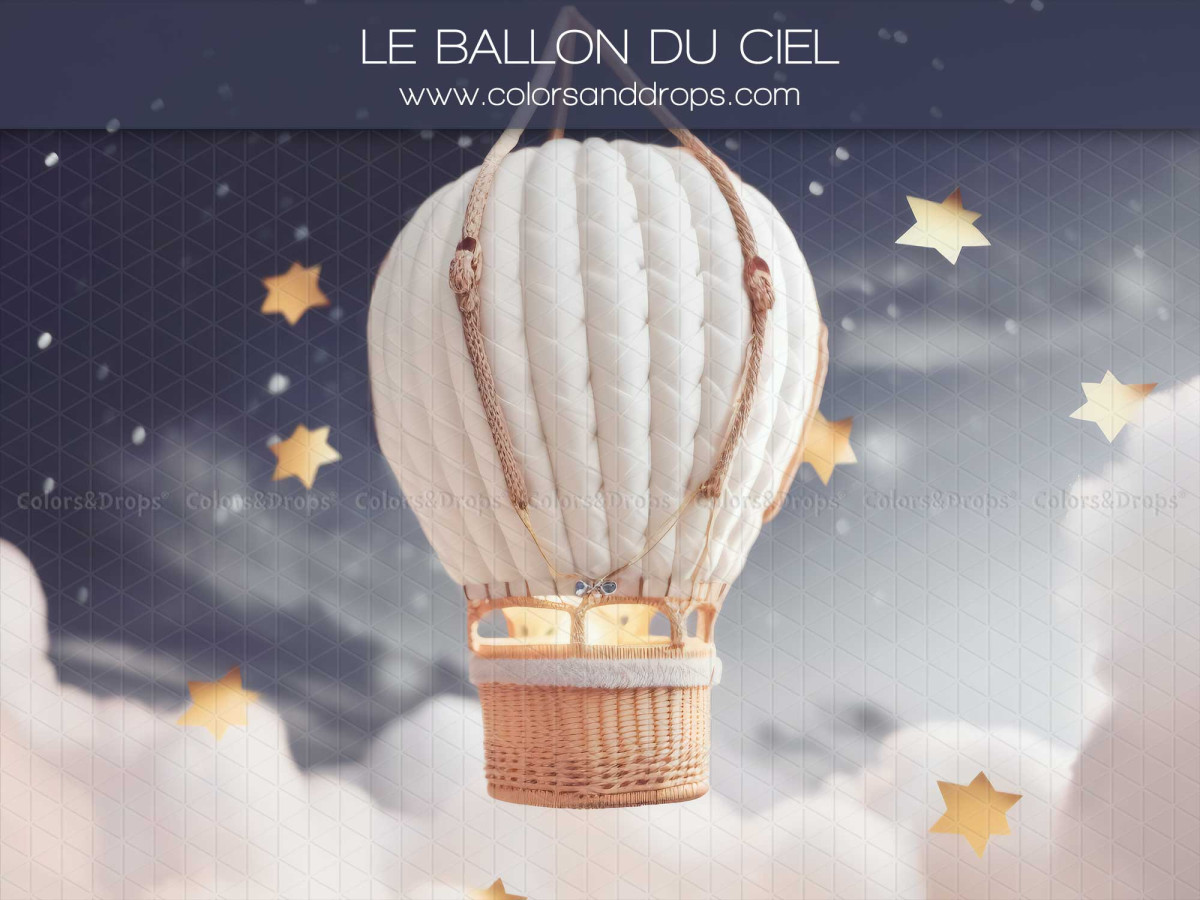Fond photo bébé et smash cake Le Ballon du Ciel – montgolfière blanche dans un ciel étoilé nuageux | Colors&Drops