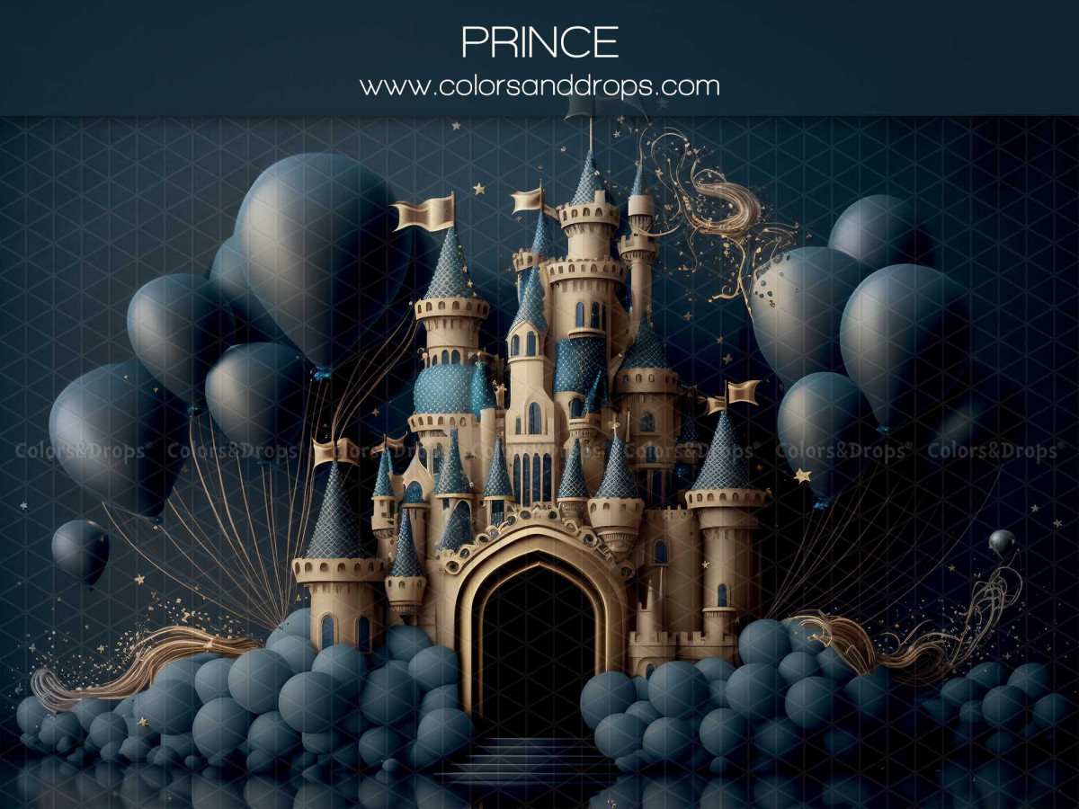 Baby & cake smash photo backdrop Prince – navy prince castle with balloons and clouds | Colors&Drops