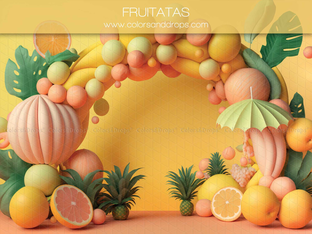 Fond photo bébé et smash cake Fruitatas – arche de fruits tropicaux, agrumes et ananas | Colors&Drops