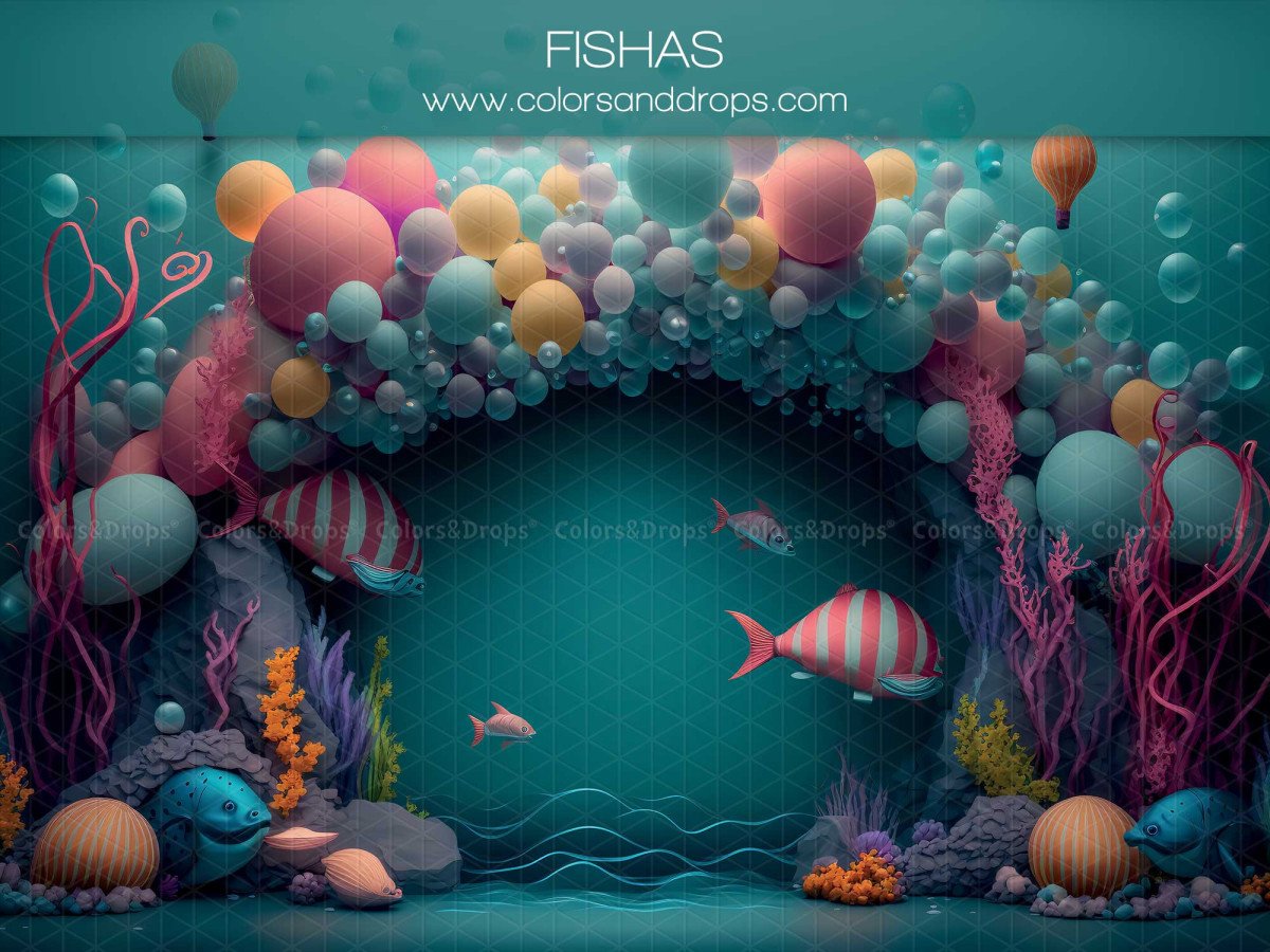 Fond photo bébé et smash cake Fishas – arche de ballons sous-marine avec poissons et coraux | Colors&Drops