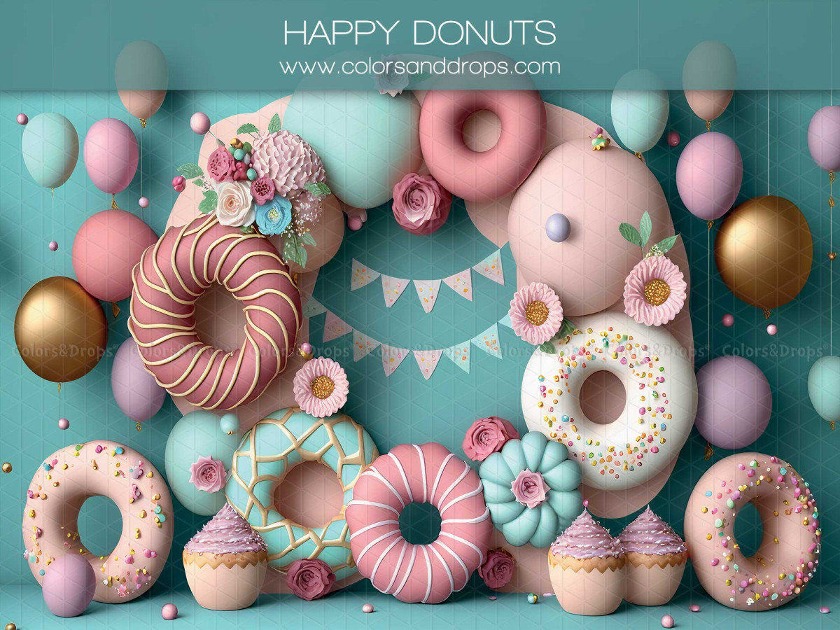 Fond photo bébé et smash cake Happy Donuts – mur de donuts et ballons sur fond turquoise | Colors&Drops