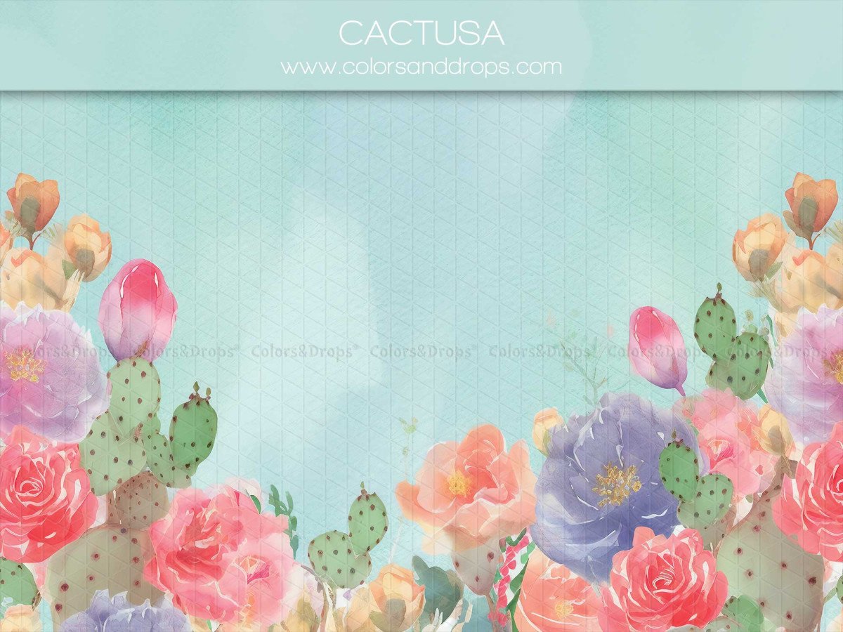 Fond photo bébé et smash cake Cactusa – cactus en fleurs et roses sur fond bleu pastel | Colors&Drops