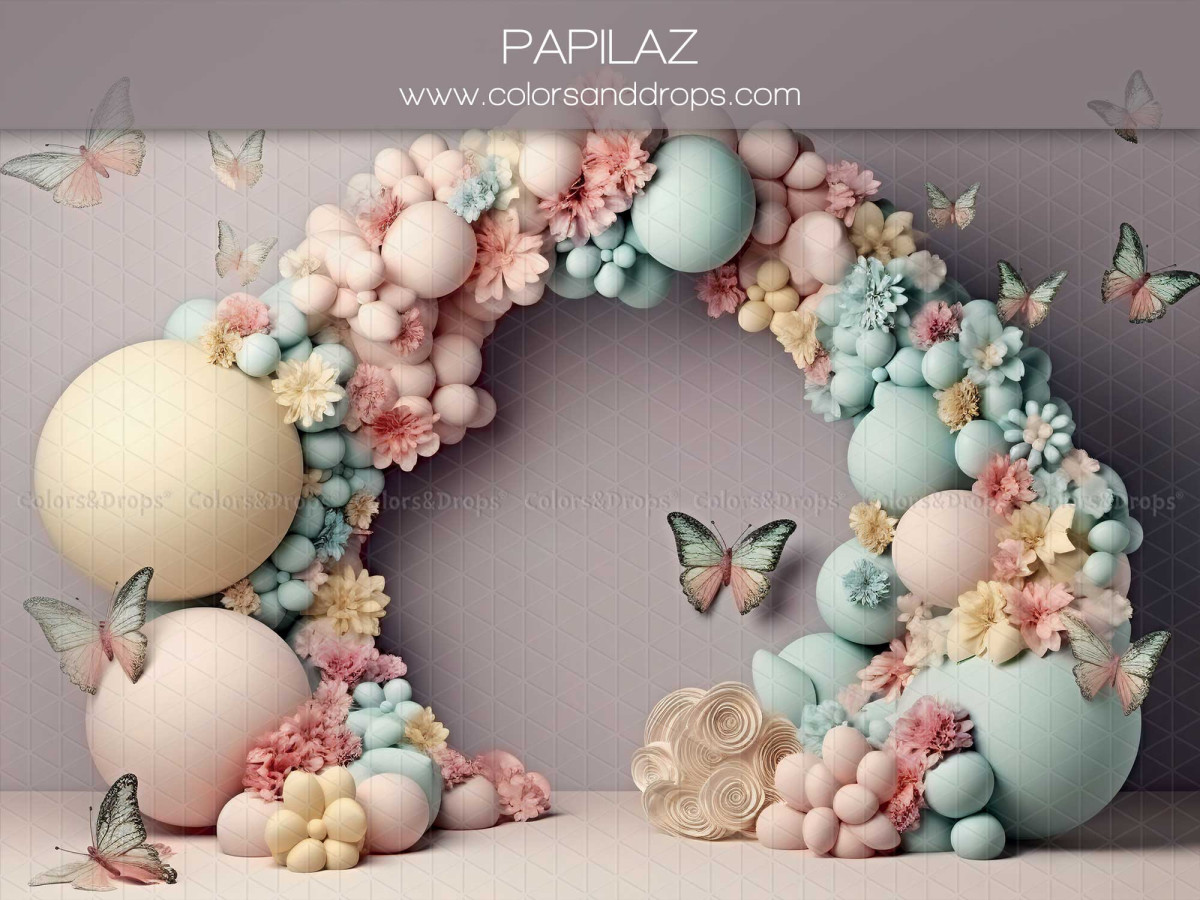 Baby & cake smash photo backdrop Papilaz – pastel balloon arch with flowers and butterflies | Colors&Drops