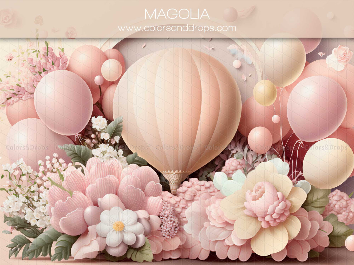 Baby & cake smash photo backdrop Magolia – hot air balloon and pink balloons with pastel flowers | Colors&Drops