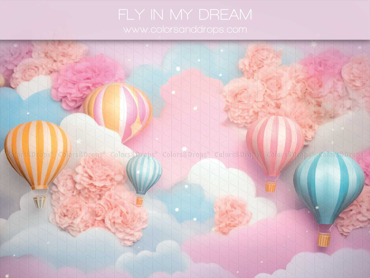 Fondo fotográfico de bebé y smash cake Fly in My Dream – globos aerostáticos de colores entre nubes rosas | Colors&Drops