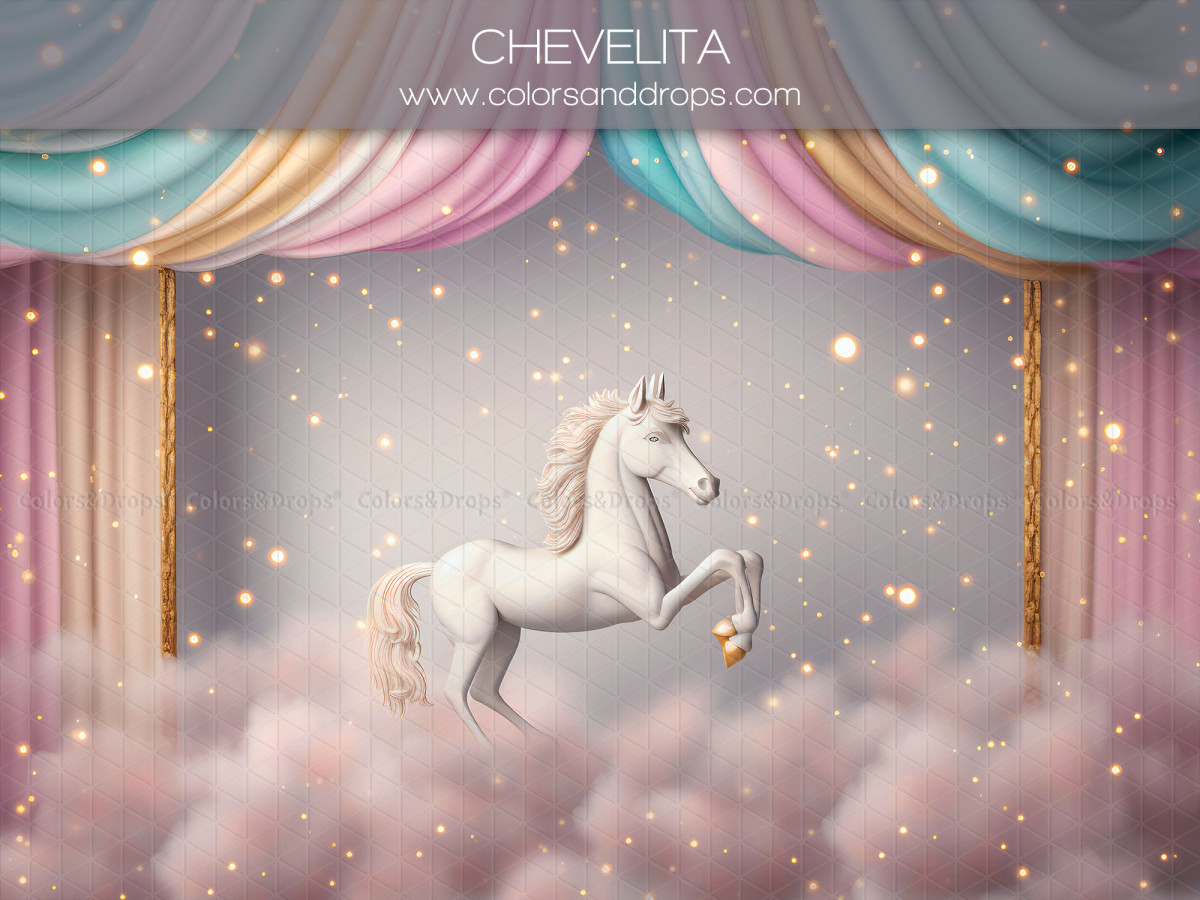 Baby & cake smash photo backdrop Chevalita – white carousel horse on clouds under pastel canopy | Colors&Drops
