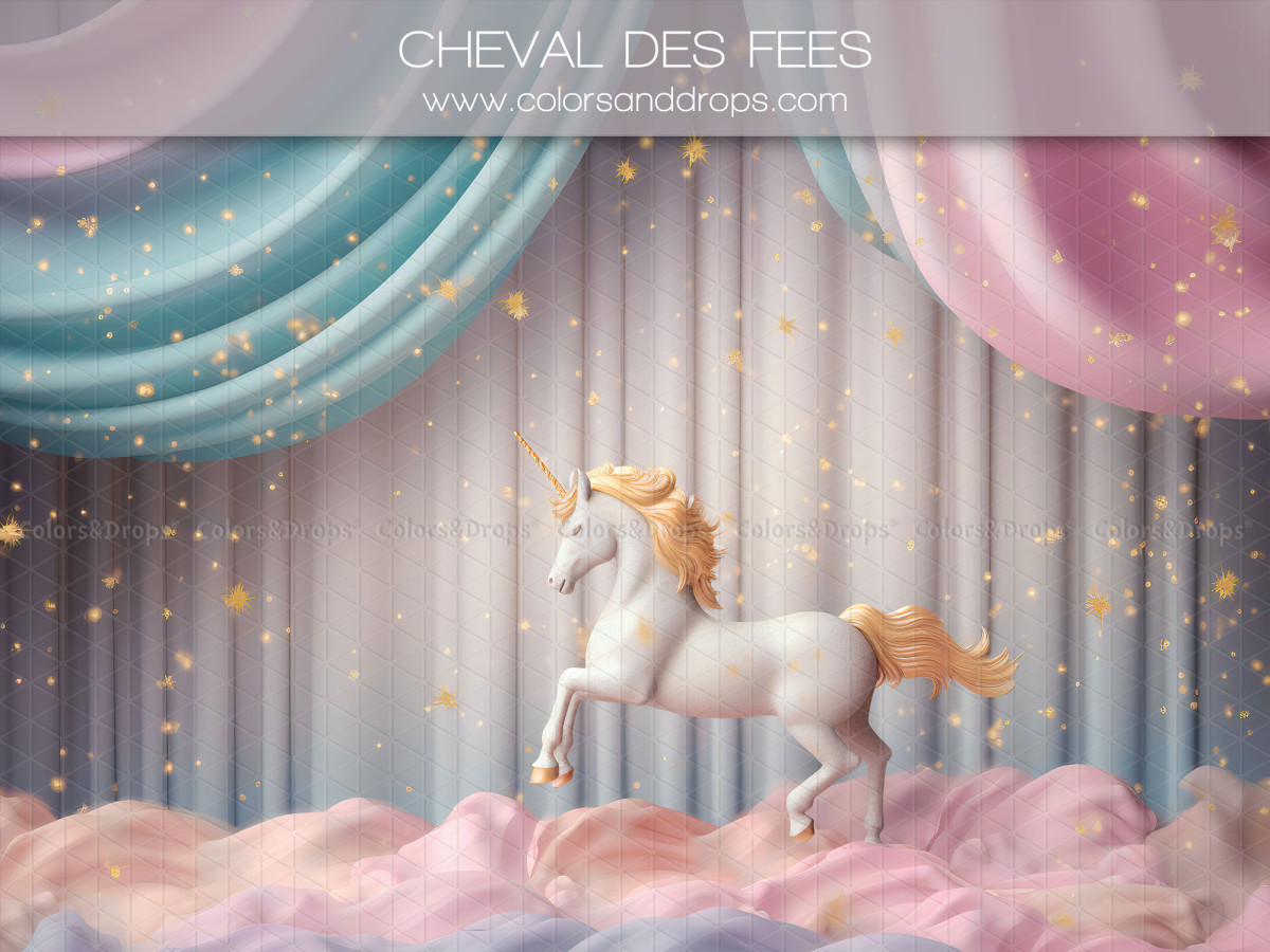 Fond photo bébé et smash cake Cheval des Fees – cheval de fées blanc sur nuages avec drapés pastel | Colors&Drops