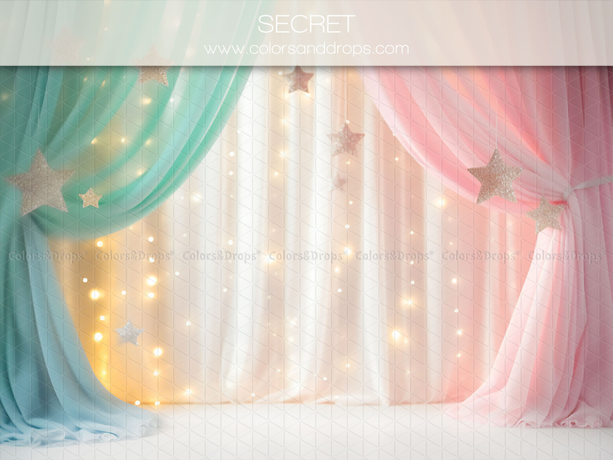 Photo backdrop Secret – pastel green and pink curtains with string lights | Colors&Drops