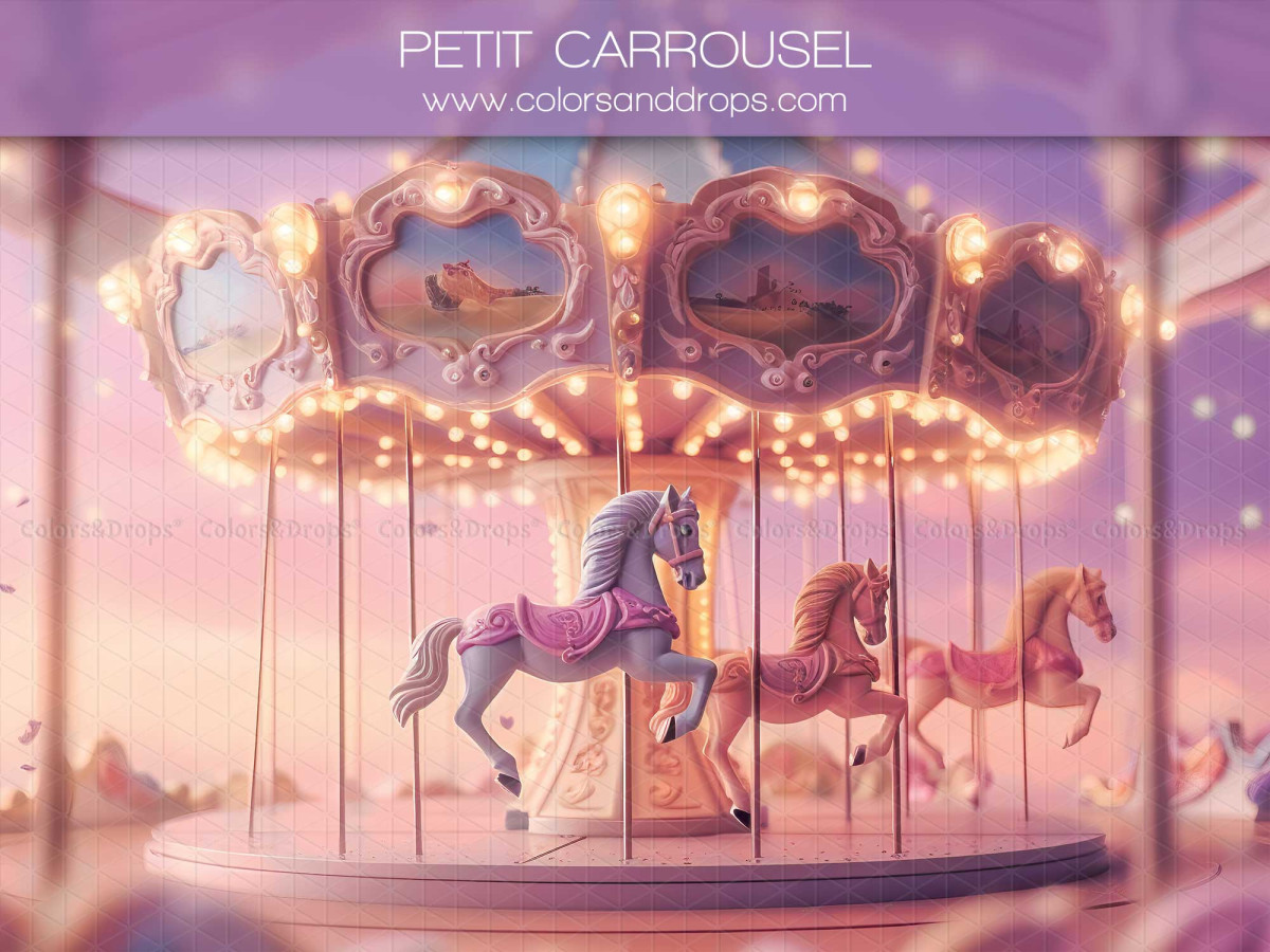 Baby & cake smash photo backdrop Petit Carrousel – pink illuminated carousel with wooden horses | Colors&Drops