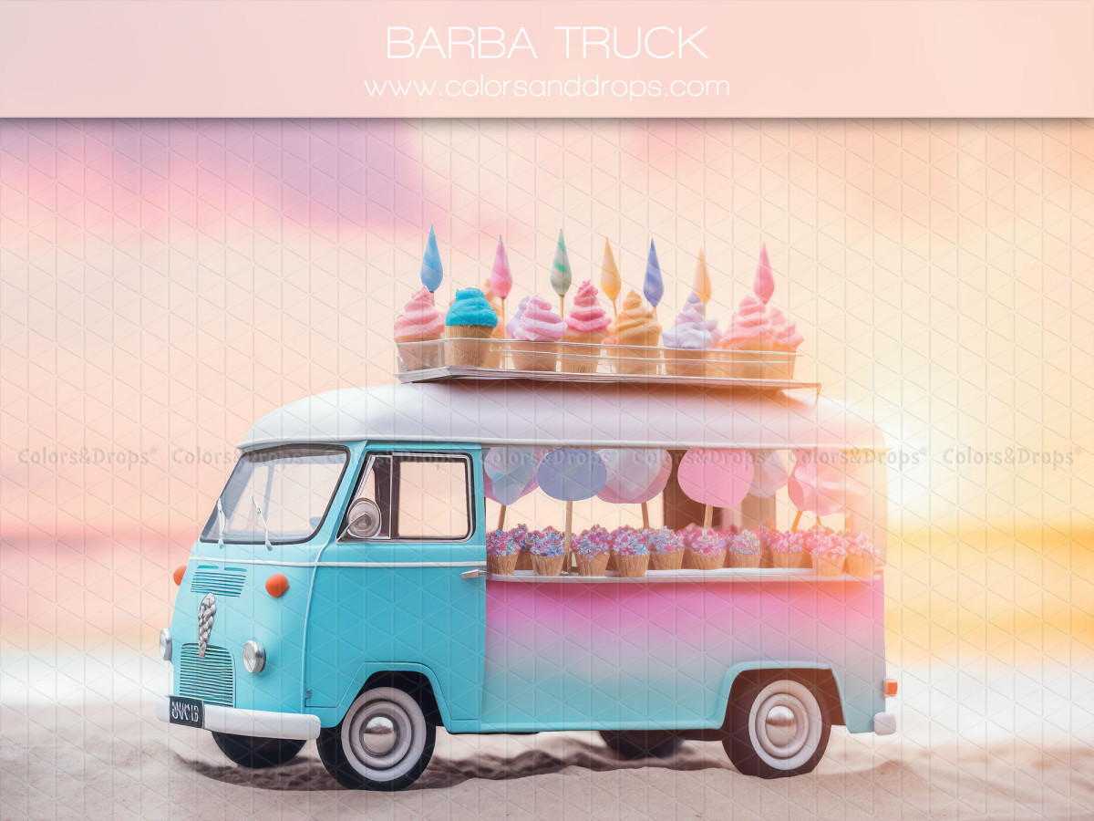 Fond photo bébé et smash cake Barba Truck – food truck turquoise de cupcakes sur la plage | Colors&Drops
